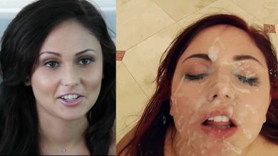 Молодая няшка дала интервью и приняла на личико кончу из множества членов